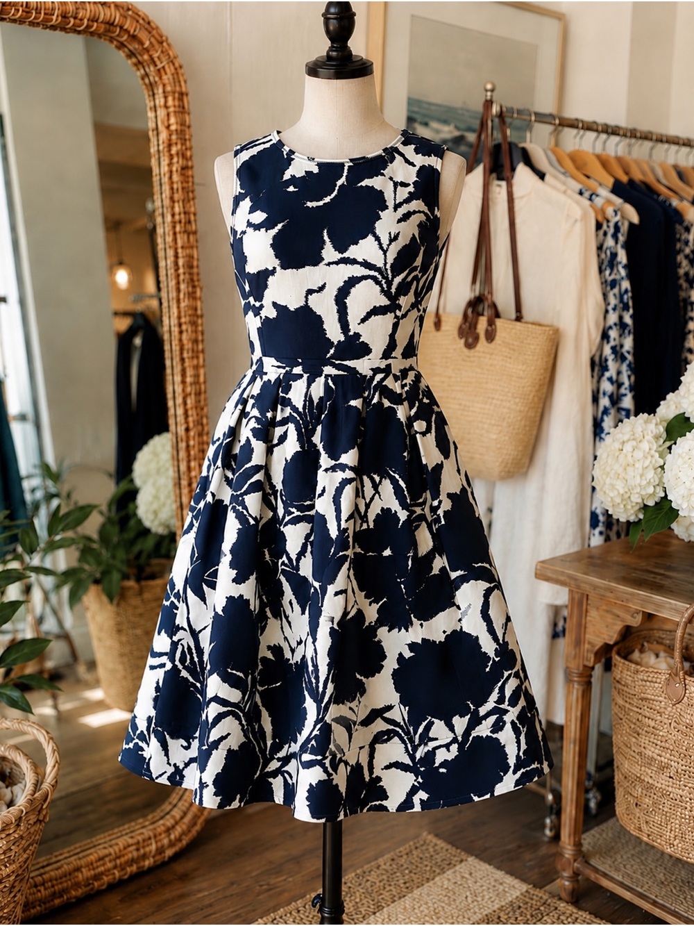 Oscar de la Renta Navy White Floral Midi Dress 8 Est. The RealReal Tag Attached